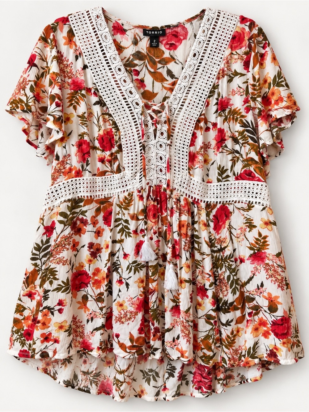 Torrid Size 2 Floral Crochet Lace-Up Babydoll Tunic Boho/Fall Empire Waist 2X